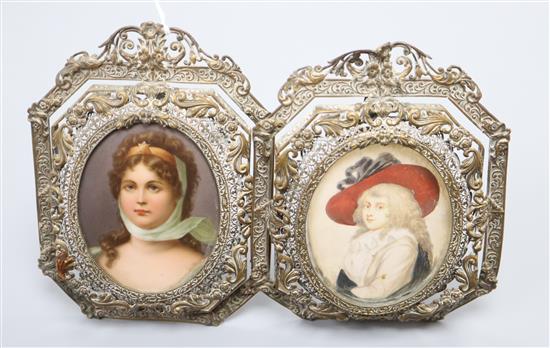 A painted Paris porcelain plaque and a miniature on ivory, both framed